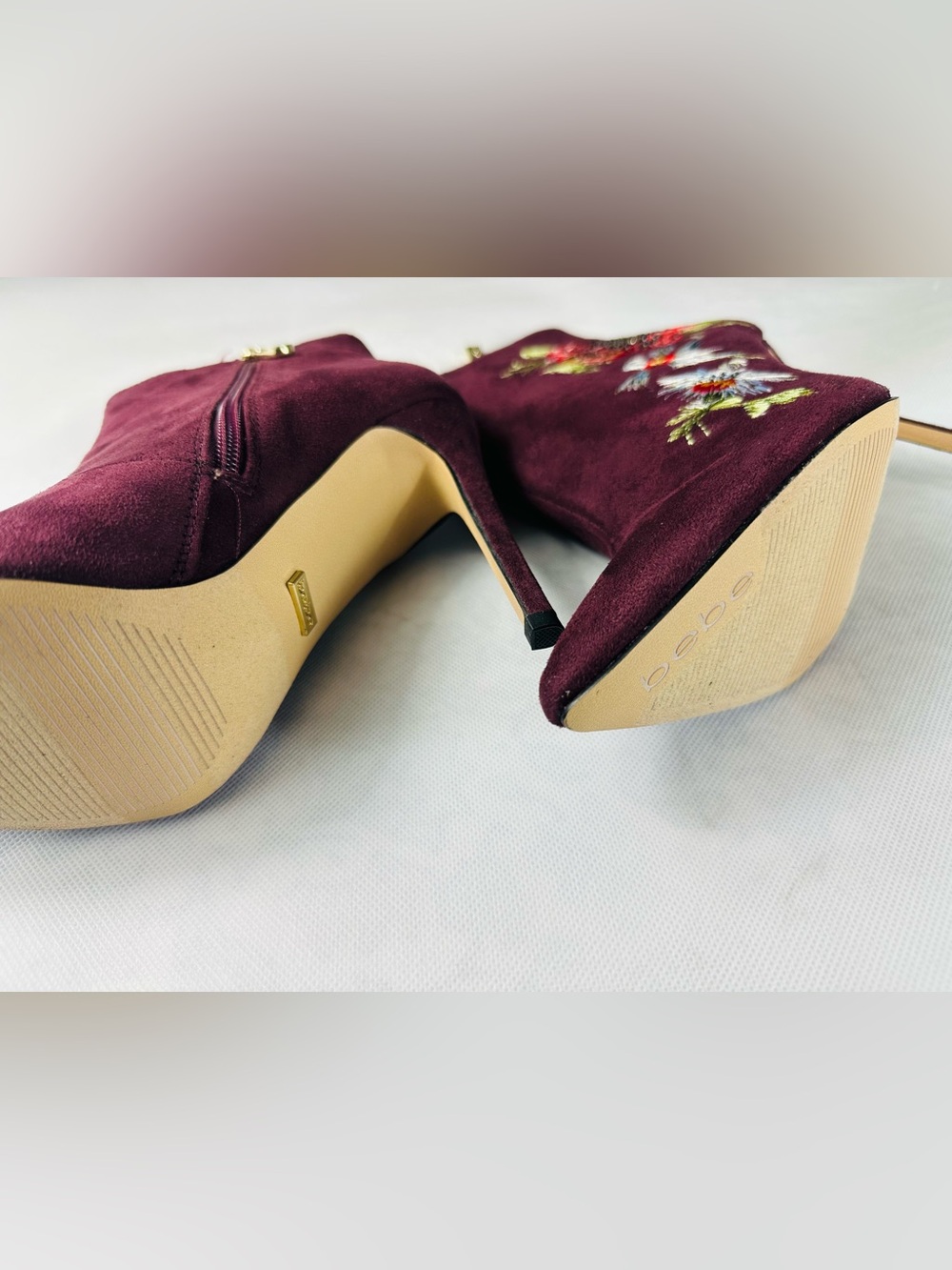 bebe Burgundy Floral Embroidered Pointed-Toe Ankle Booties - Picture 7 of 15